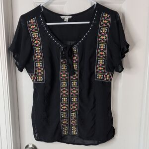American Eagle Sheer Navy Embroidered Blouse